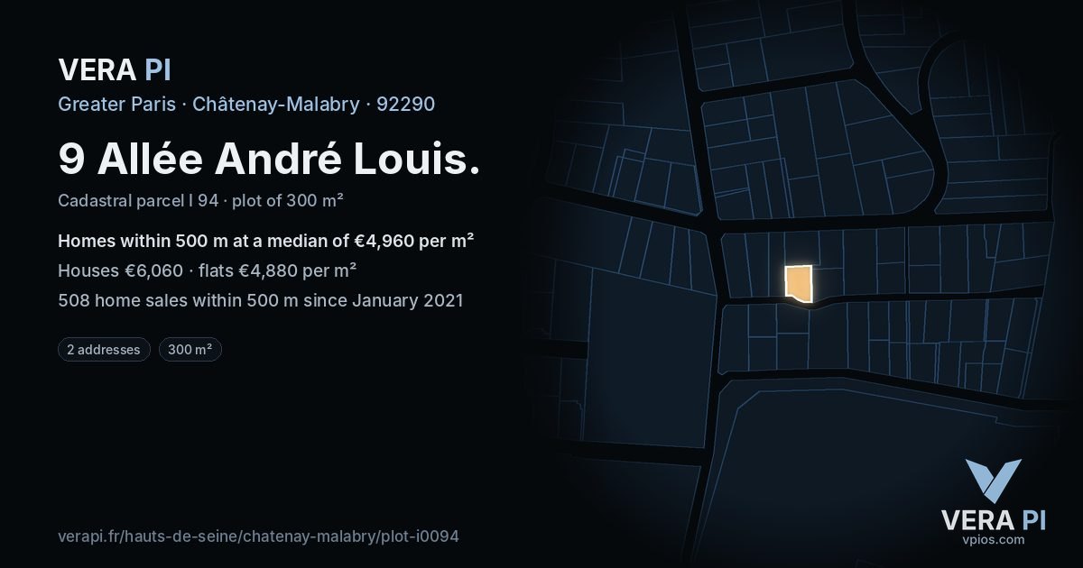 9 Allée André Louis, Châtenay-Malabry at night – the plot lit, the parcels around coloured by the prices near them