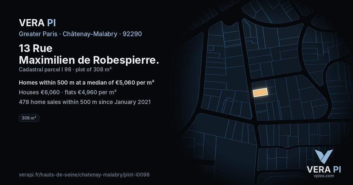 13 Rue Maximilien de Robespierre, Châtenay-Malabry at night – the plot lit, the parcels around coloured by the prices near them