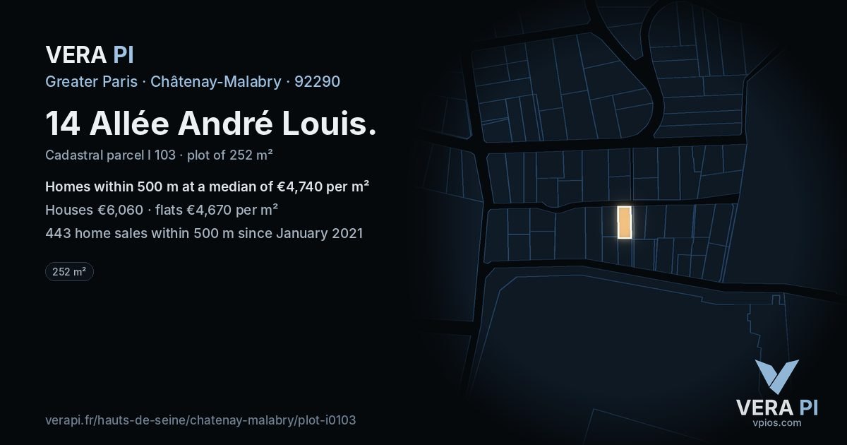 14 Allée André Louis, Châtenay-Malabry at night – the plot lit, the parcels around coloured by the prices near them