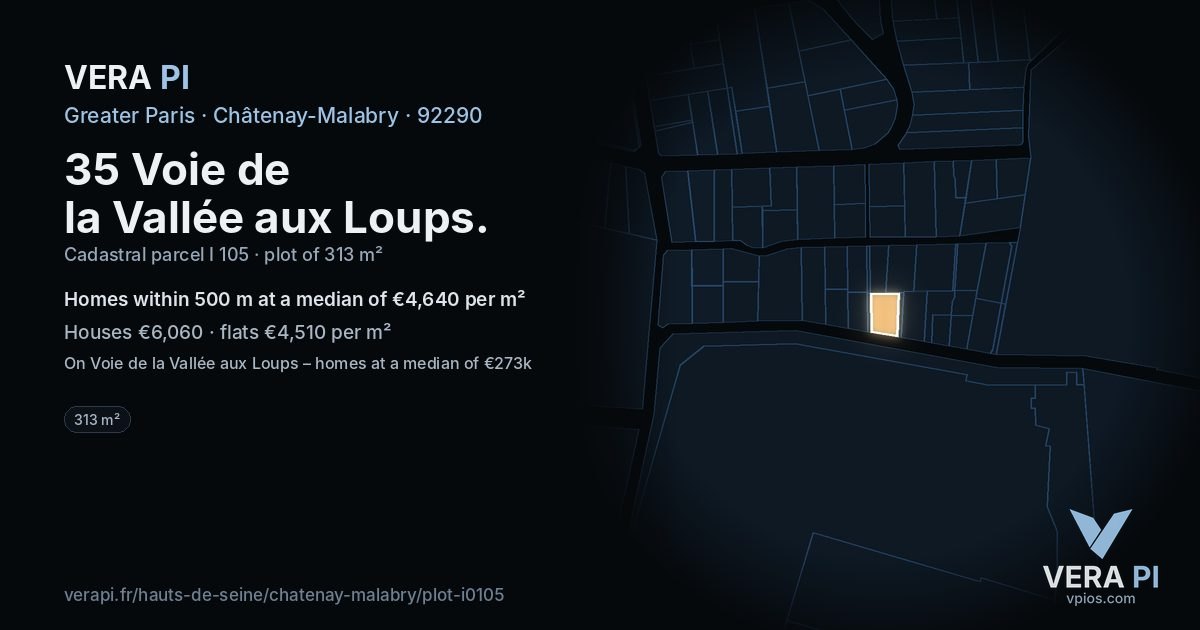 35 Voie de la Vallée aux Loups, Châtenay-Malabry at night – the plot lit, the parcels around coloured by the prices near them