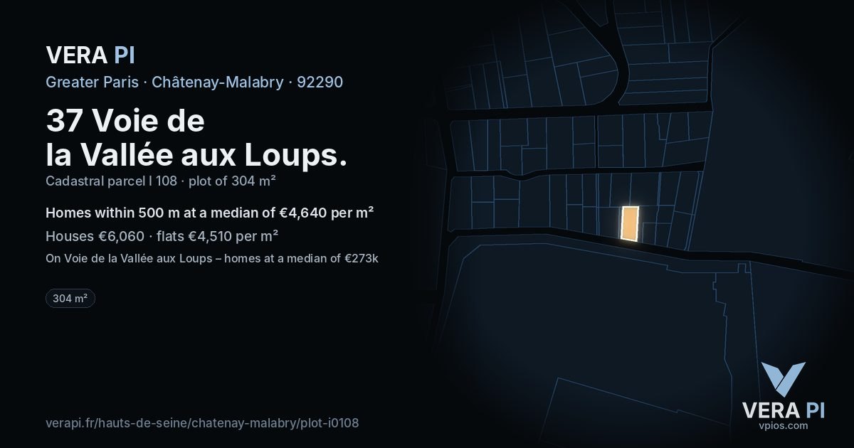 37 Voie de la Vallée aux Loups, Châtenay-Malabry at night – the plot lit, the parcels around coloured by the prices near them