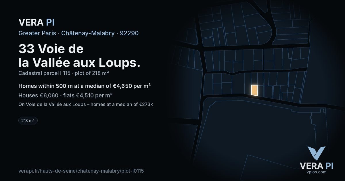 33 Voie de la Vallée aux Loups, Châtenay-Malabry at night – the plot lit, the parcels around coloured by the prices near them