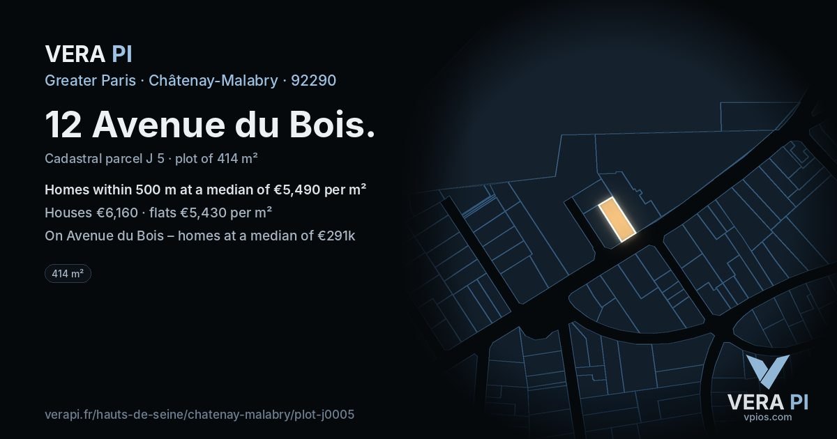 12 Avenue du Bois, Châtenay-Malabry at night – the plot lit, the parcels around coloured by the prices near them