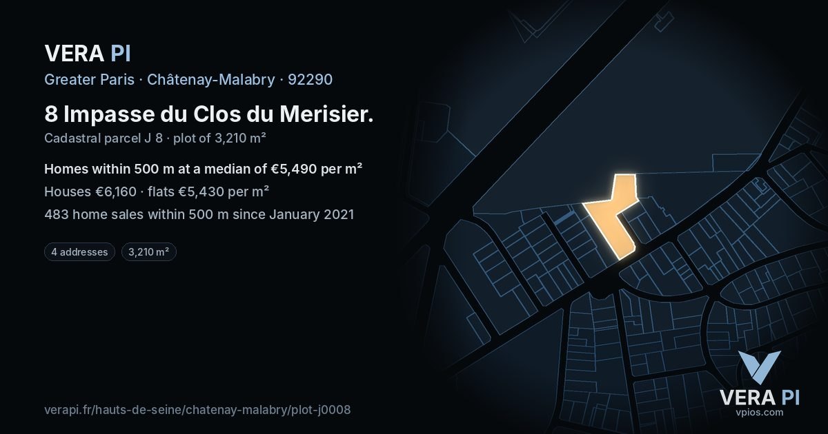 8 Impasse du Clos du Merisier, Châtenay-Malabry at night – the plot lit, the parcels around coloured by the prices near them