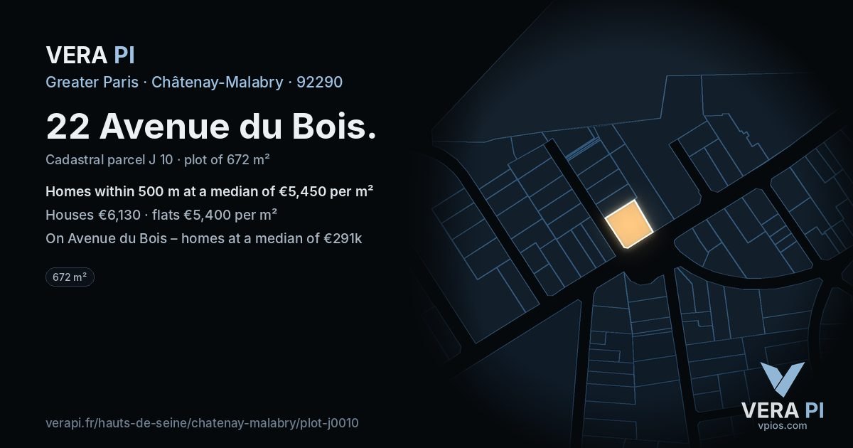 22 Avenue du Bois, Châtenay-Malabry at night – the plot lit, the parcels around coloured by the prices near them