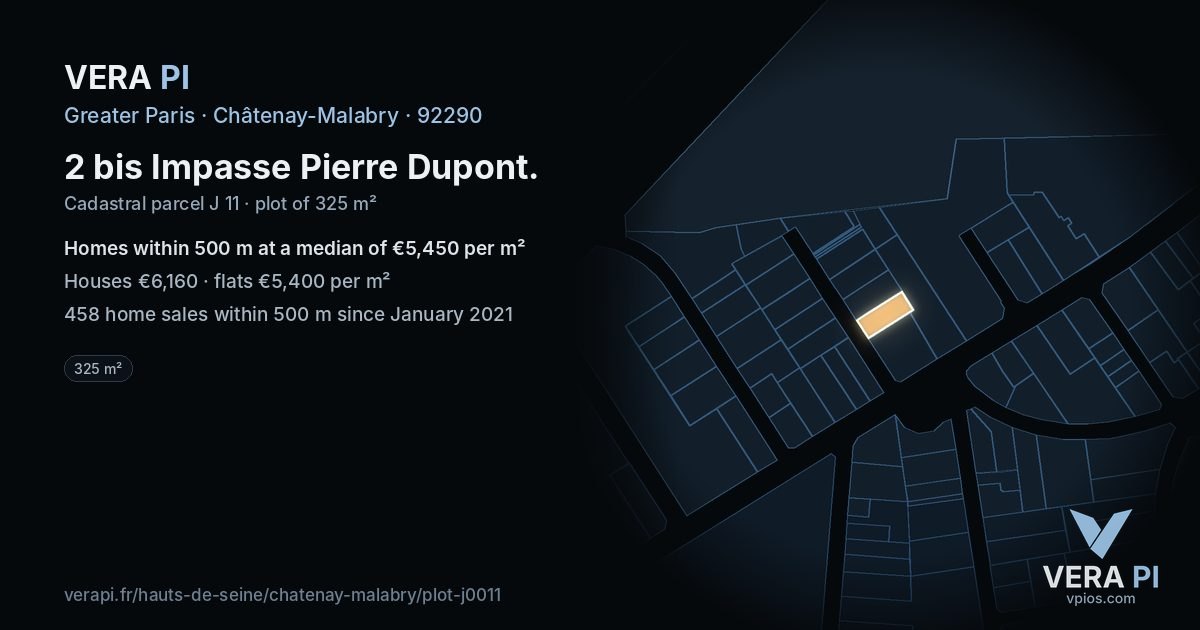 2 bis Impasse Pierre Dupont, Châtenay-Malabry at night – the plot lit, the parcels around coloured by the prices near them