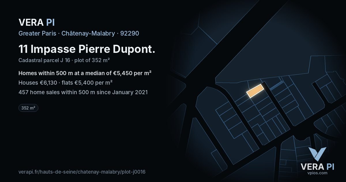 11 Impasse Pierre Dupont, Châtenay-Malabry at night – the plot lit, the parcels around coloured by the prices near them