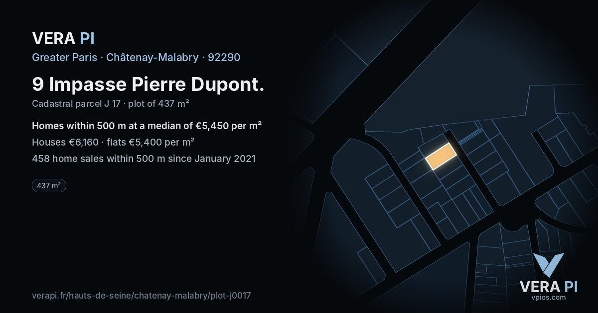 9 Impasse Pierre Dupont, Châtenay-Malabry at night – the plot lit, the parcels around coloured by the prices near them