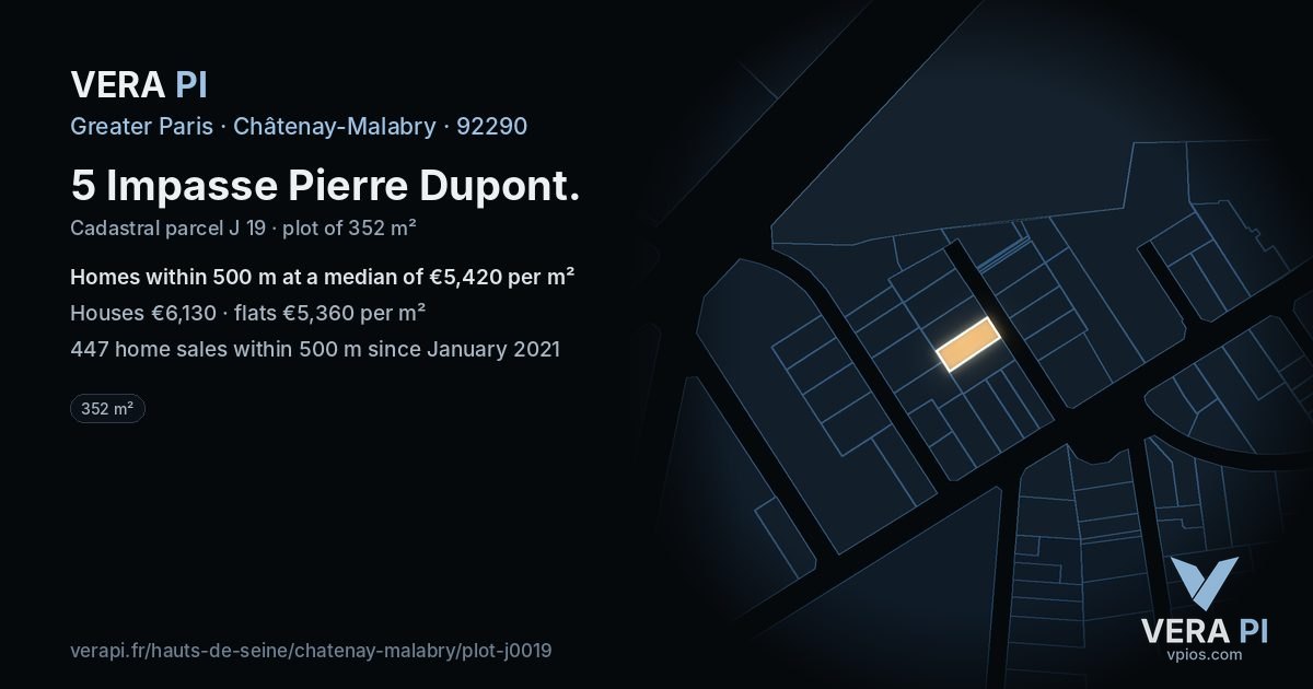 5 Impasse Pierre Dupont, Châtenay-Malabry at night – the plot lit, the parcels around coloured by the prices near them