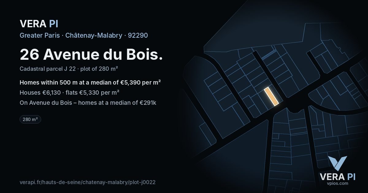 26 Avenue du Bois, Châtenay-Malabry at night – the plot lit, the parcels around coloured by the prices near them