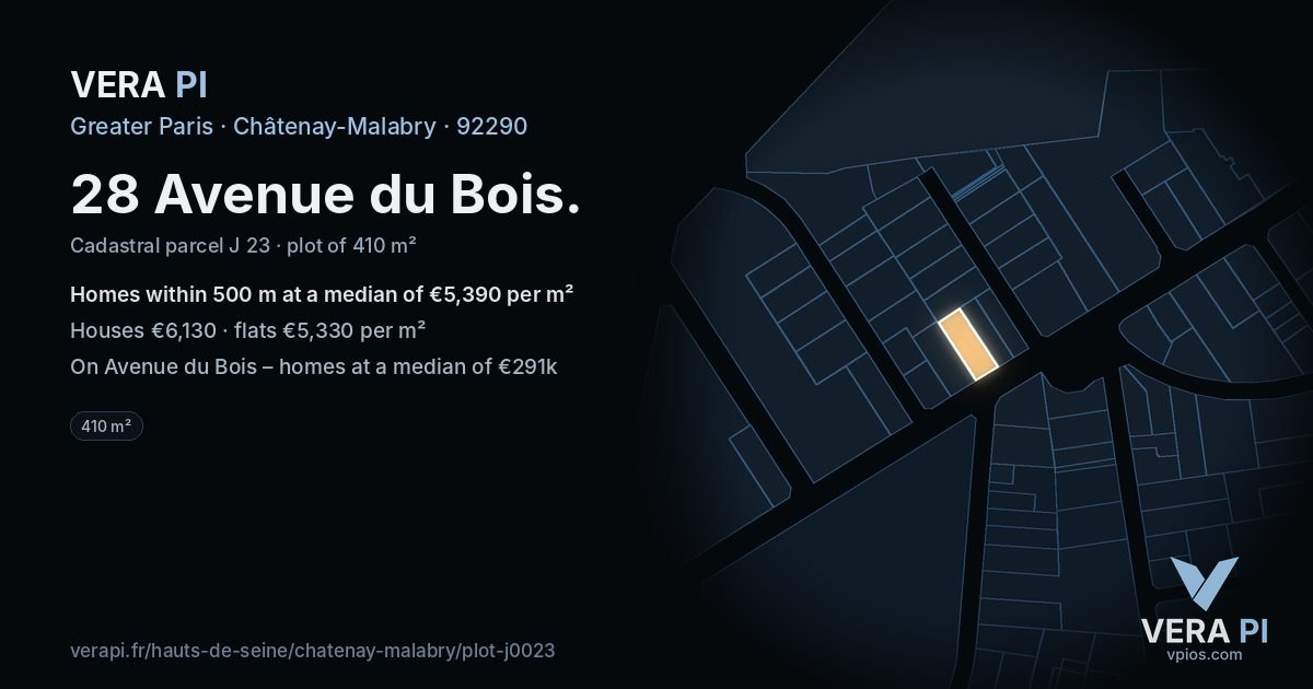 28 Avenue du Bois, Châtenay-Malabry at night – the plot lit, the parcels around coloured by the prices near them