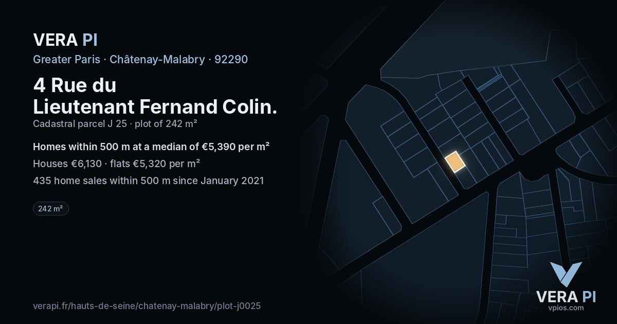 4 Rue du Lieutenant Fernand Colin, Châtenay-Malabry at night – the plot lit, the parcels around coloured by the prices near them