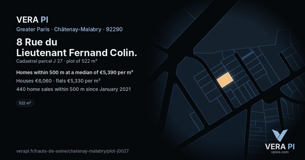 8 Rue du Lieutenant Fernand Colin, Châtenay-Malabry at night – the plot lit, the parcels around coloured by the prices near them