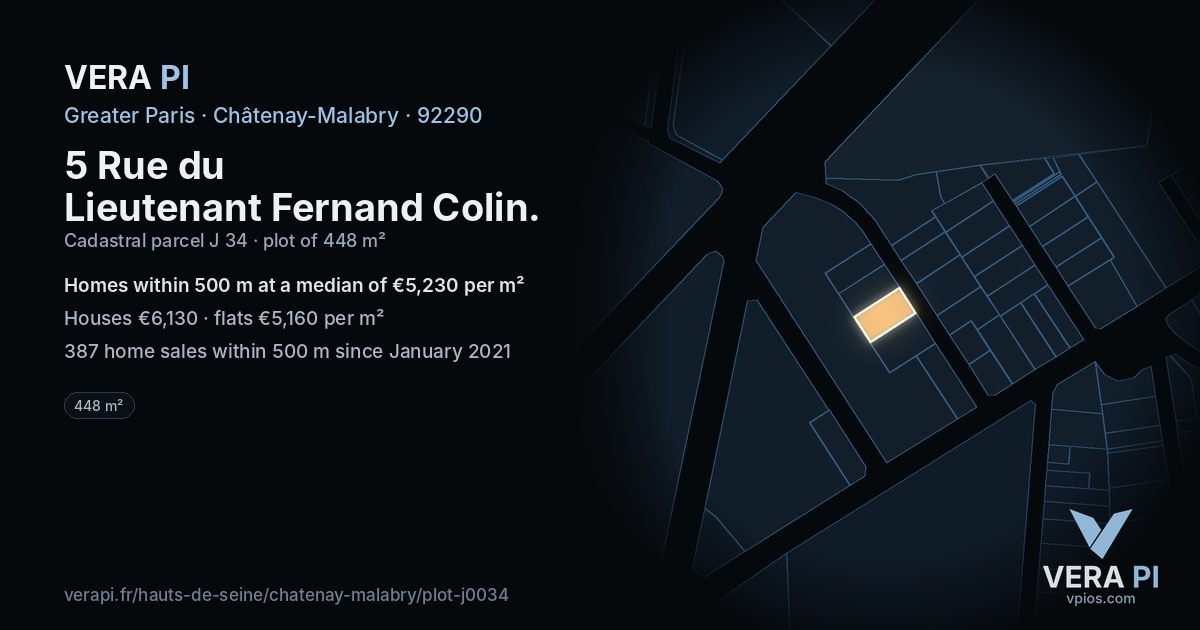 5 Rue du Lieutenant Fernand Colin, Châtenay-Malabry at night – the plot lit, the parcels around coloured by the prices near them