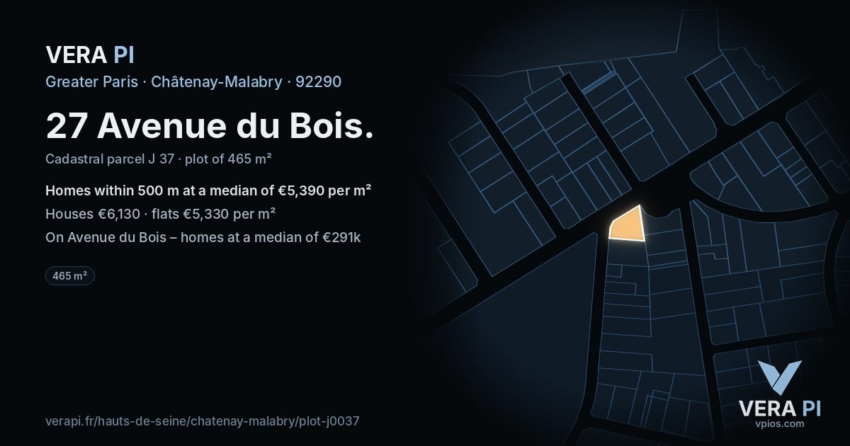 27 Avenue du Bois, Châtenay-Malabry at night – the plot lit, the parcels around coloured by the prices near them