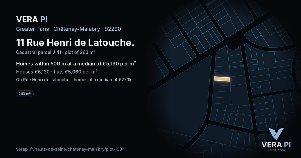 11 Rue Henri de Latouche, Châtenay-Malabry at night – the plot lit, the parcels around coloured by the prices near them