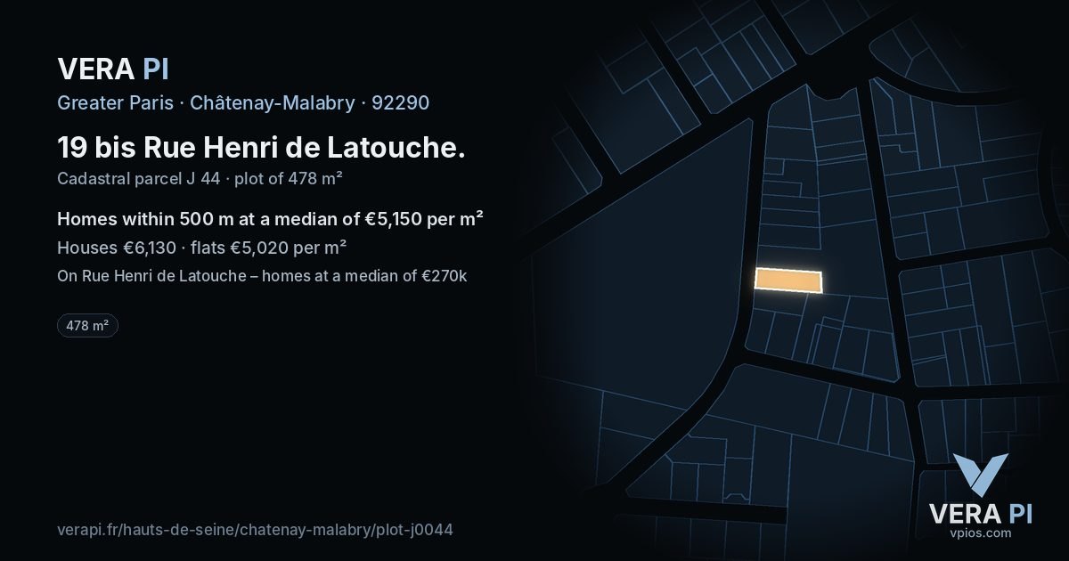 19 bis Rue Henri de Latouche, Châtenay-Malabry at night – the plot lit, the parcels around coloured by the prices near them
