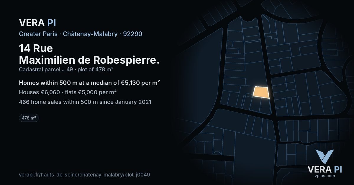 14 Rue Maximilien de Robespierre, Châtenay-Malabry at night – the plot lit, the parcels around coloured by the prices near them