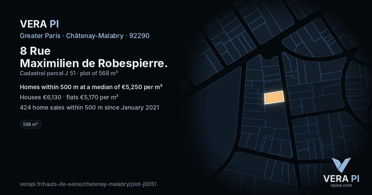 8 Rue Maximilien de Robespierre, Châtenay-Malabry at night – the plot lit, the parcels around coloured by the prices near them
