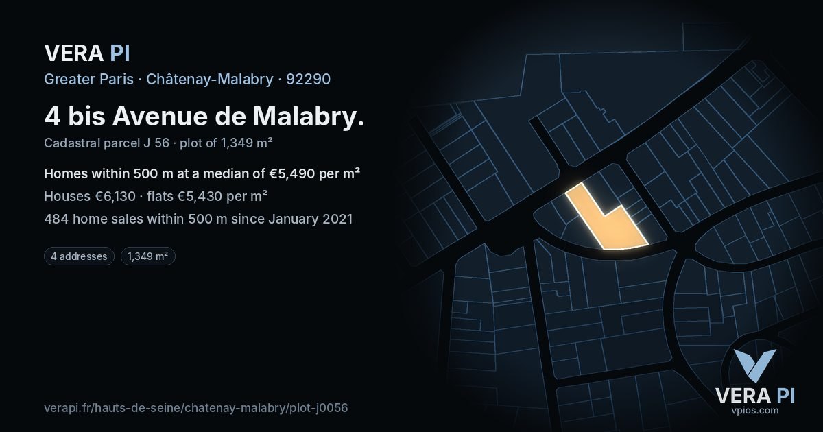 4 bis Avenue de Malabry, Châtenay-Malabry at night – the plot lit, the parcels around coloured by the prices near them