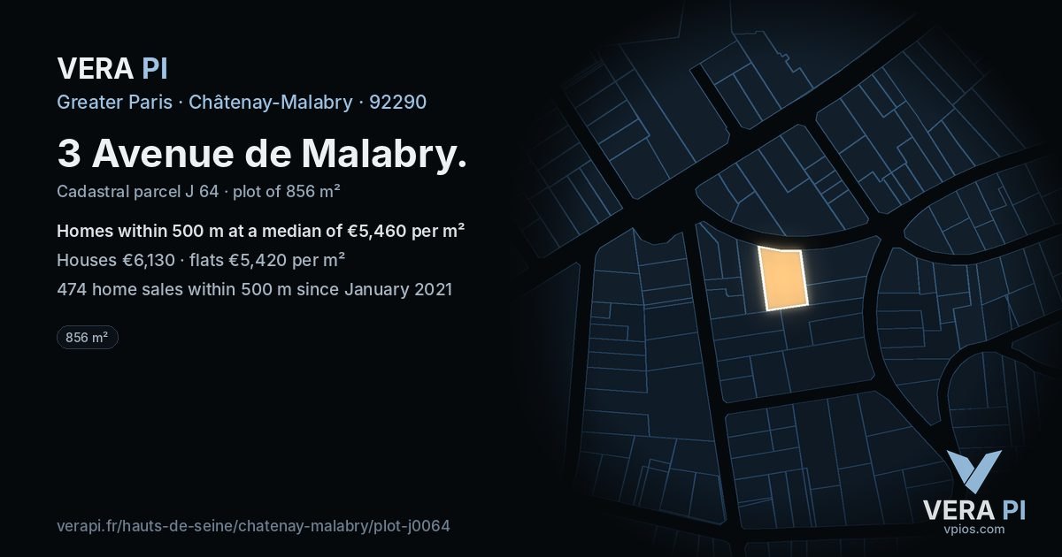 3 Avenue de Malabry, Châtenay-Malabry at night – the plot lit, the parcels around coloured by the prices near them