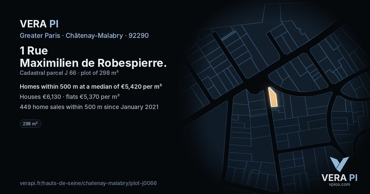 1 Rue Maximilien de Robespierre, Châtenay-Malabry at night – the plot lit, the parcels around coloured by the prices near them