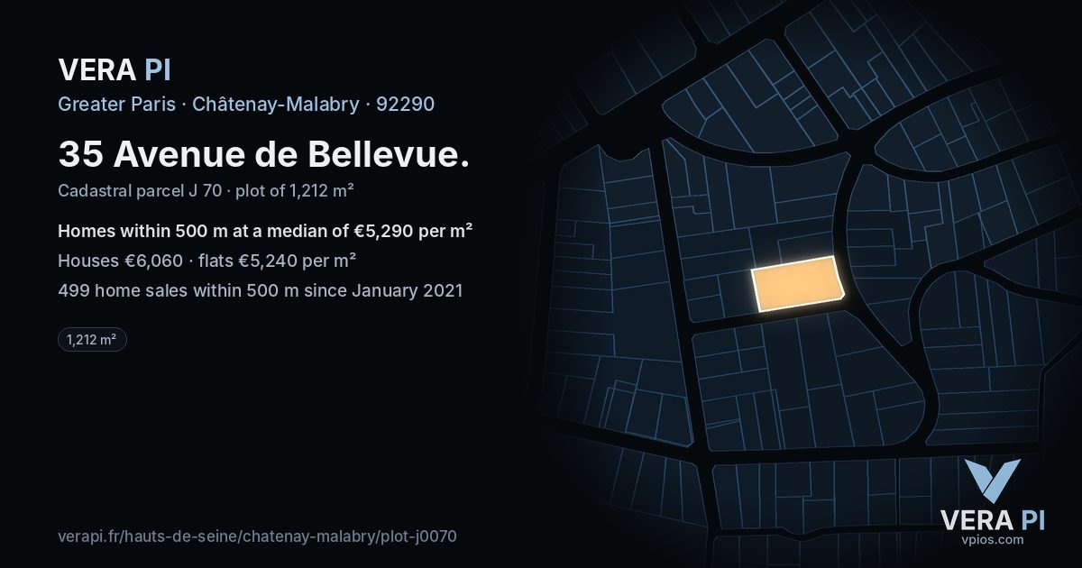 35 Avenue de Bellevue, Châtenay-Malabry at night – the plot lit, the parcels around coloured by the prices near them