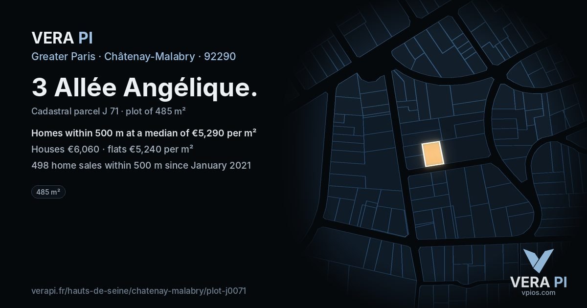 3 Allée Angélique, Châtenay-Malabry at night – the plot lit, the parcels around coloured by the prices near them