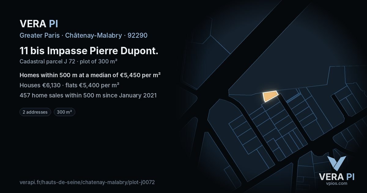 11 bis Impasse Pierre Dupont, Châtenay-Malabry at night – the plot lit, the parcels around coloured by the prices near them