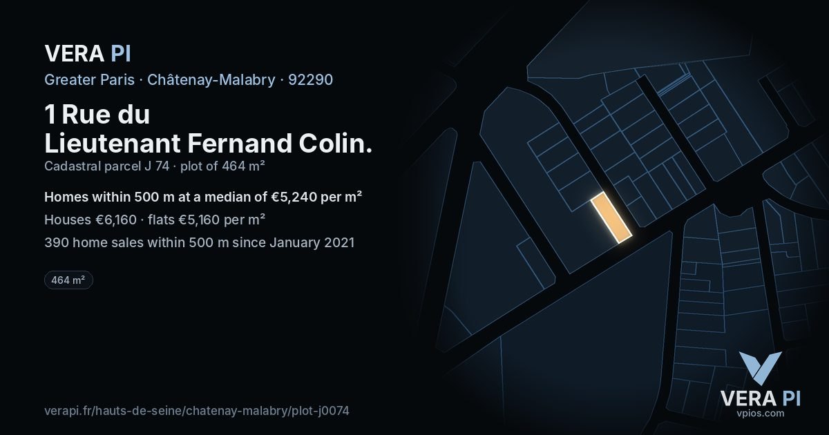 1 Rue du Lieutenant Fernand Colin, Châtenay-Malabry at night – the plot lit, the parcels around coloured by the prices near them