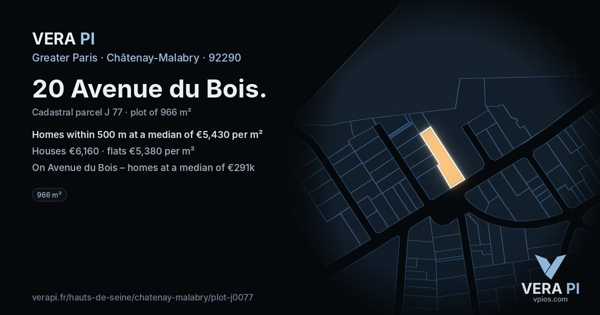 20 Avenue du Bois, Châtenay-Malabry at night – the plot lit, the parcels around coloured by the prices near them