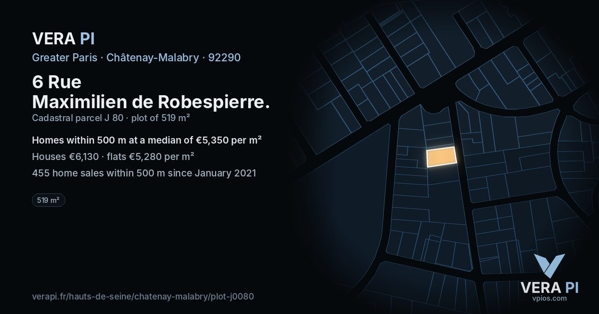 6 Rue Maximilien de Robespierre, Châtenay-Malabry at night – the plot lit, the parcels around coloured by the prices near them