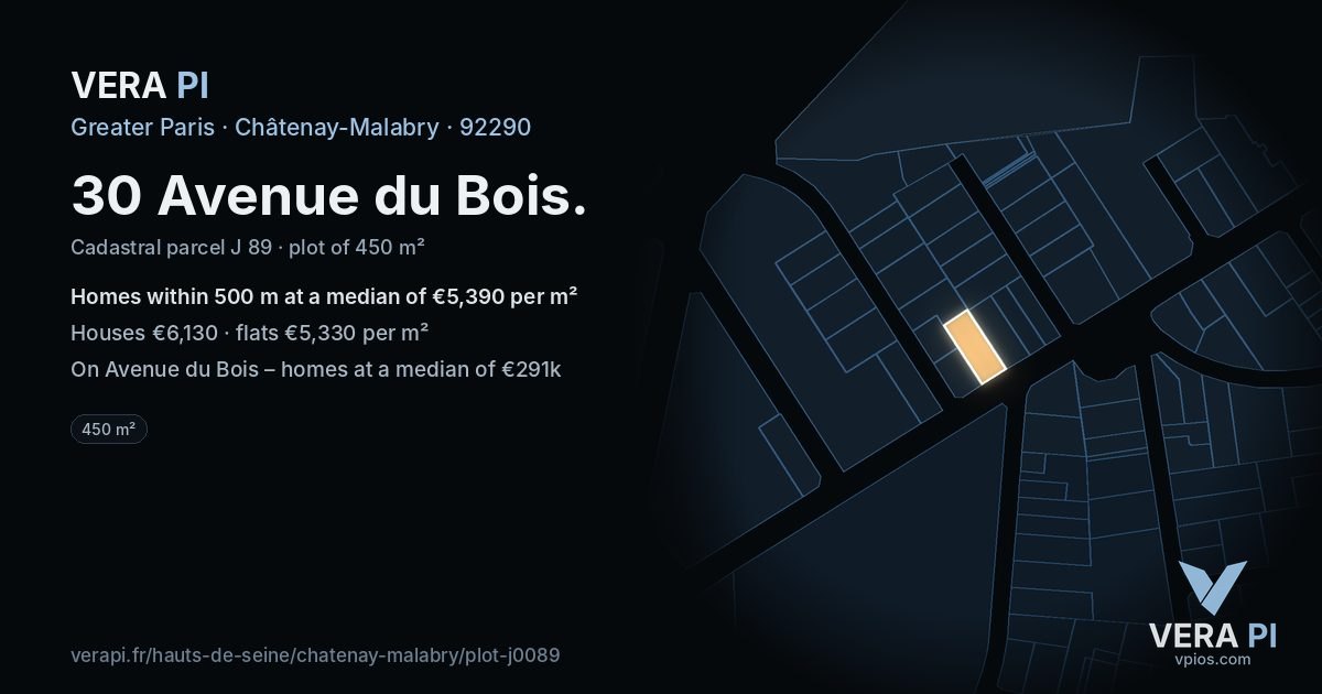 30 Avenue du Bois, Châtenay-Malabry at night – the plot lit, the parcels around coloured by the prices near them