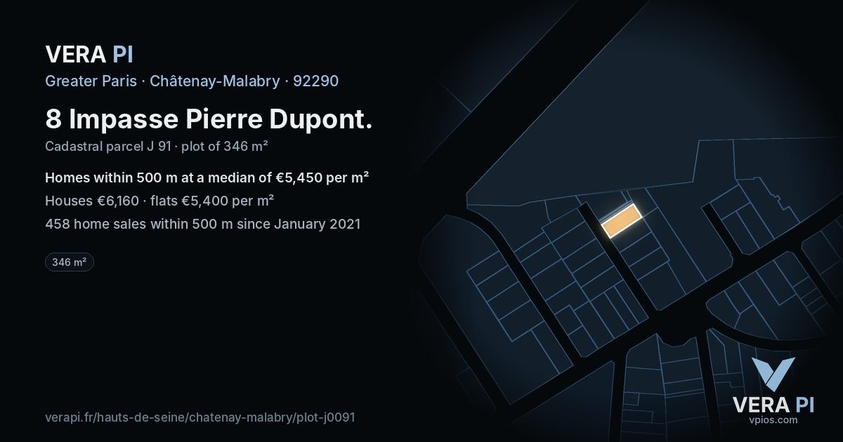 8 Impasse Pierre Dupont, Châtenay-Malabry at night – the plot lit, the parcels around coloured by the prices near them