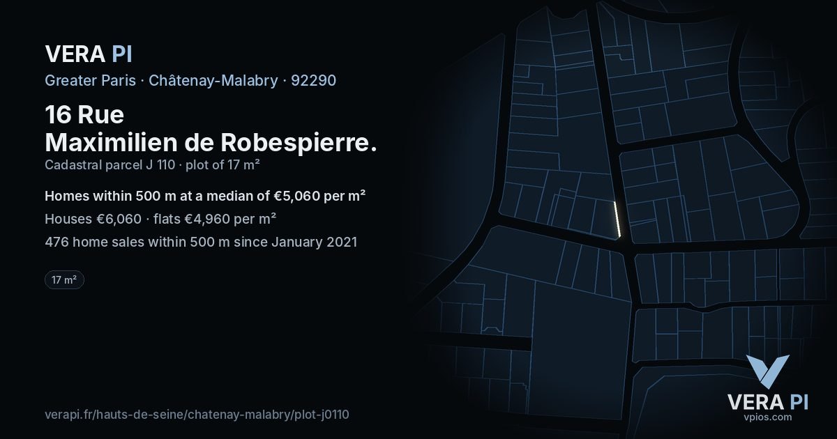 16 Rue Maximilien de Robespierre, Châtenay-Malabry at night – the plot lit, the parcels around coloured by the prices near them