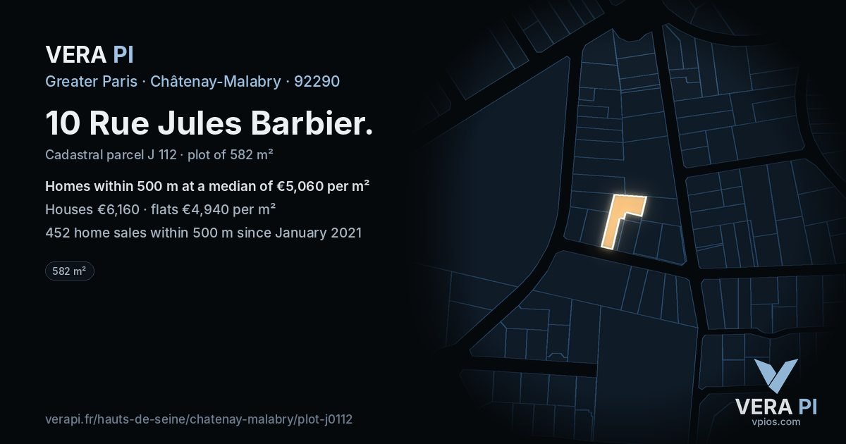 10 Rue Jules Barbier, Châtenay-Malabry at night – the plot lit, the parcels around coloured by the prices near them