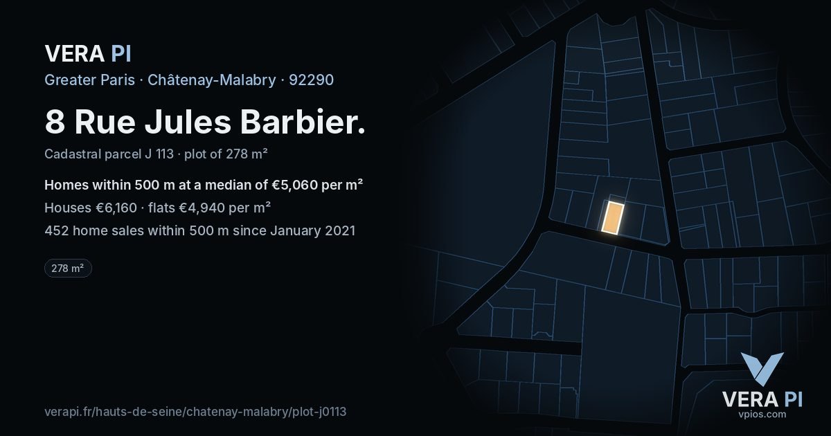 8 Rue Jules Barbier, Châtenay-Malabry at night – the plot lit, the parcels around coloured by the prices near them
