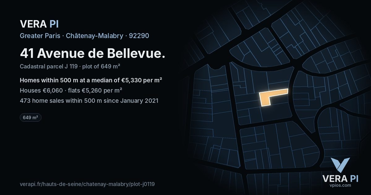 41 Avenue de Bellevue, Châtenay-Malabry at night – the plot lit, the parcels around coloured by the prices near them