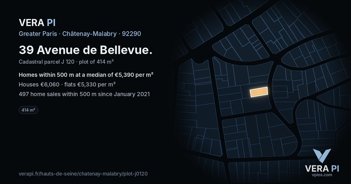 39 Avenue de Bellevue, Châtenay-Malabry at night – the plot lit, the parcels around coloured by the prices near them