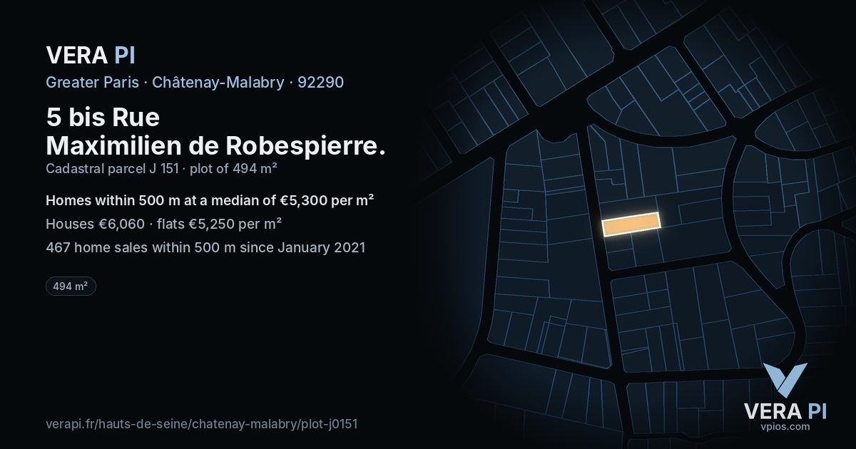 5 bis Rue Maximilien de Robespierre, Châtenay-Malabry at night – the plot lit, the parcels around coloured by the prices near them