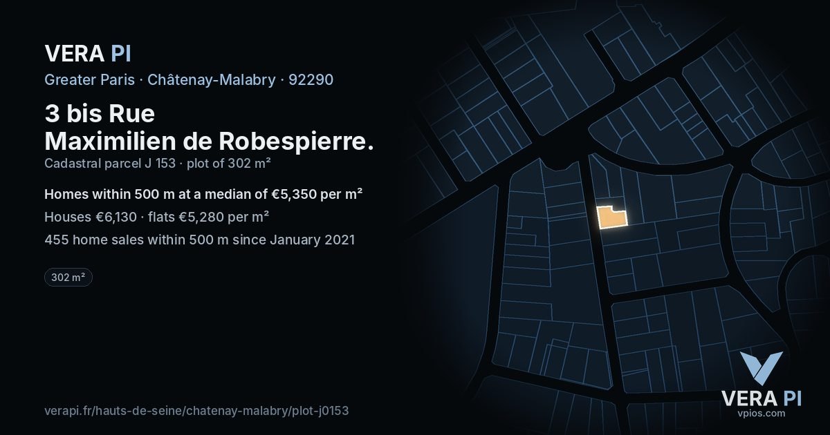 3 bis Rue Maximilien de Robespierre, Châtenay-Malabry at night – the plot lit, the parcels around coloured by the prices near them