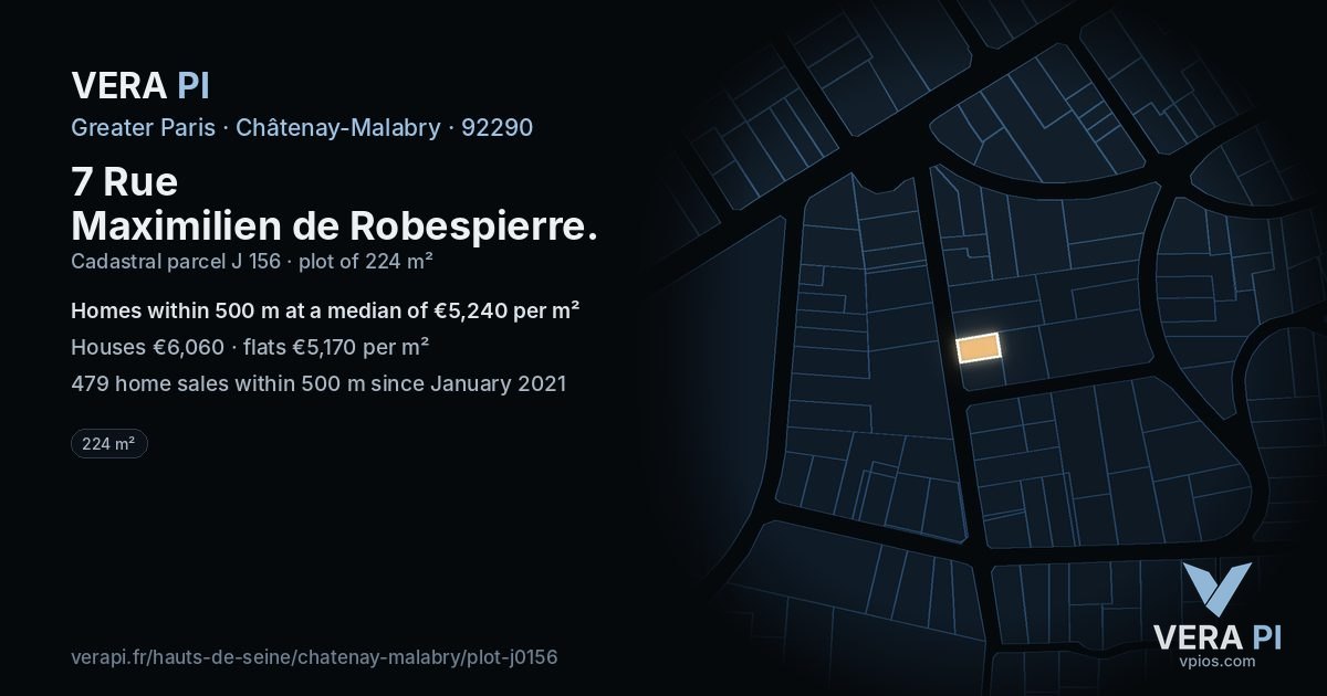 7 Rue Maximilien de Robespierre, Châtenay-Malabry at night – the plot lit, the parcels around coloured by the prices near them