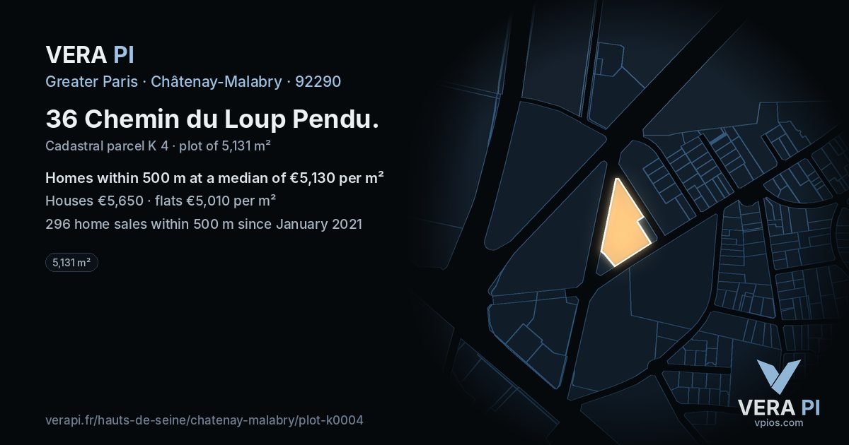 36 Chemin du Loup Pendu, Châtenay-Malabry at night – the plot lit, the parcels around coloured by the prices near them