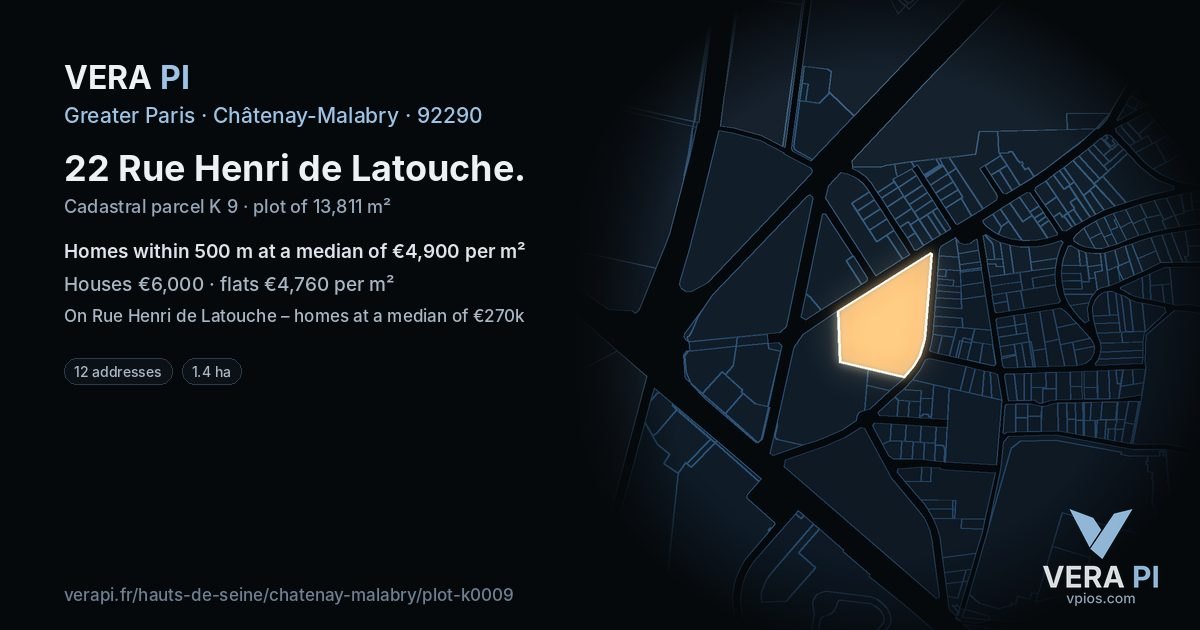 22 Rue Henri de Latouche, Châtenay-Malabry at night – the plot lit, the parcels around coloured by the prices near them