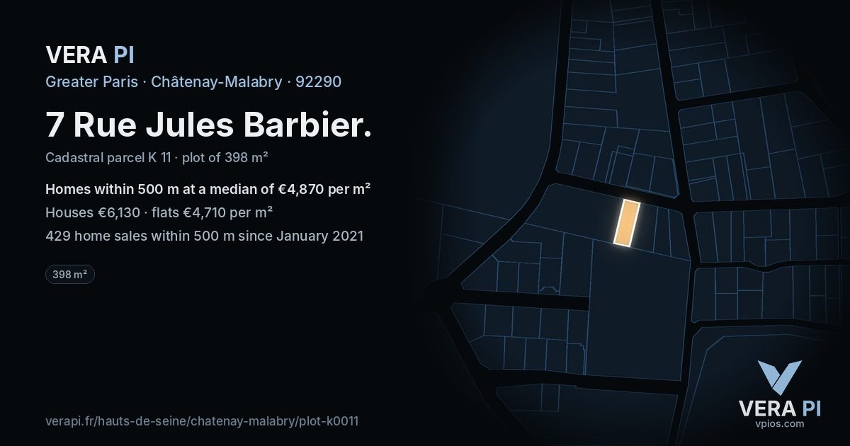 7 Rue Jules Barbier, Châtenay-Malabry at night – the plot lit, the parcels around coloured by the prices near them