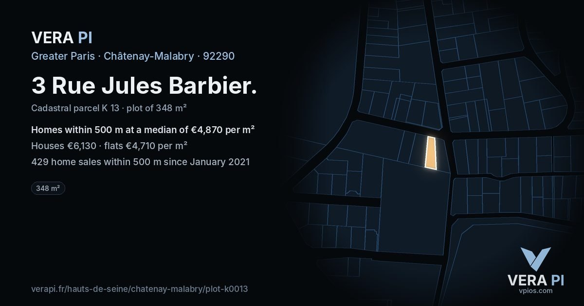 3 Rue Jules Barbier, Châtenay-Malabry at night – the plot lit, the parcels around coloured by the prices near them