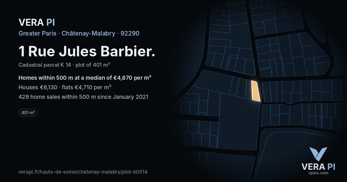 1 Rue Jules Barbier, Châtenay-Malabry at night – the plot lit, the parcels around coloured by the prices near them