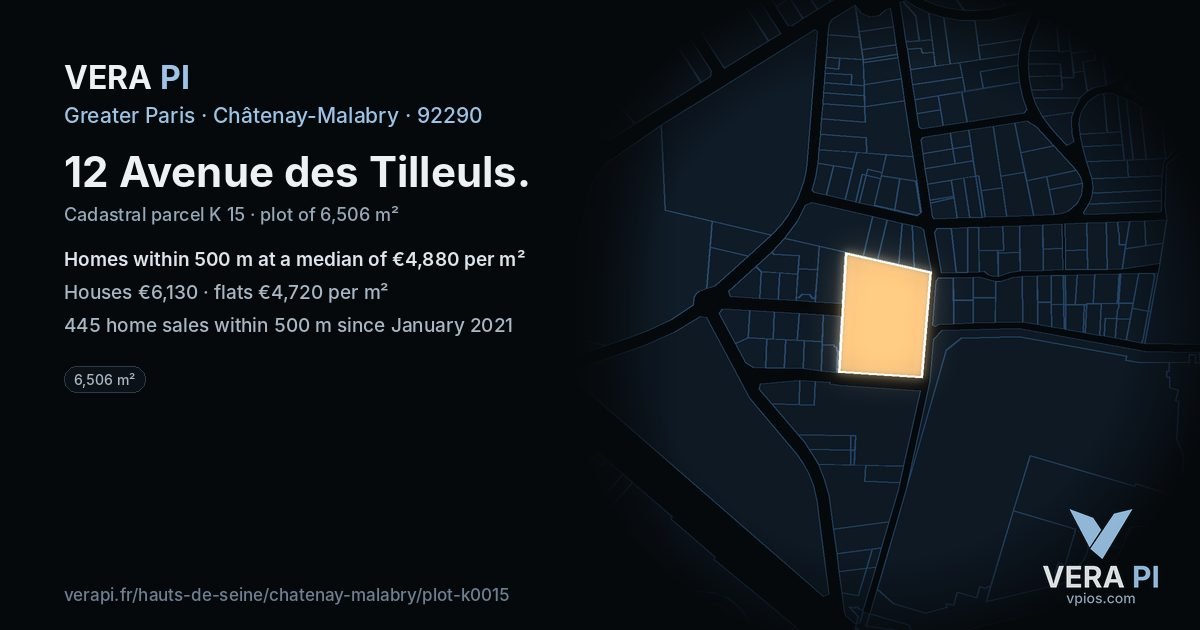 12 Avenue des Tilleuls, Châtenay-Malabry at night – the plot lit, the parcels around coloured by the prices near them