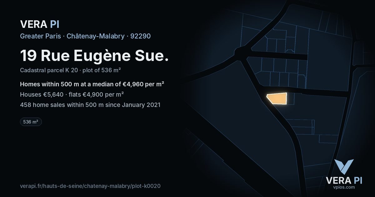 19 Rue Eugène Sue, Châtenay-Malabry at night – the plot lit, the parcels around coloured by the prices near them