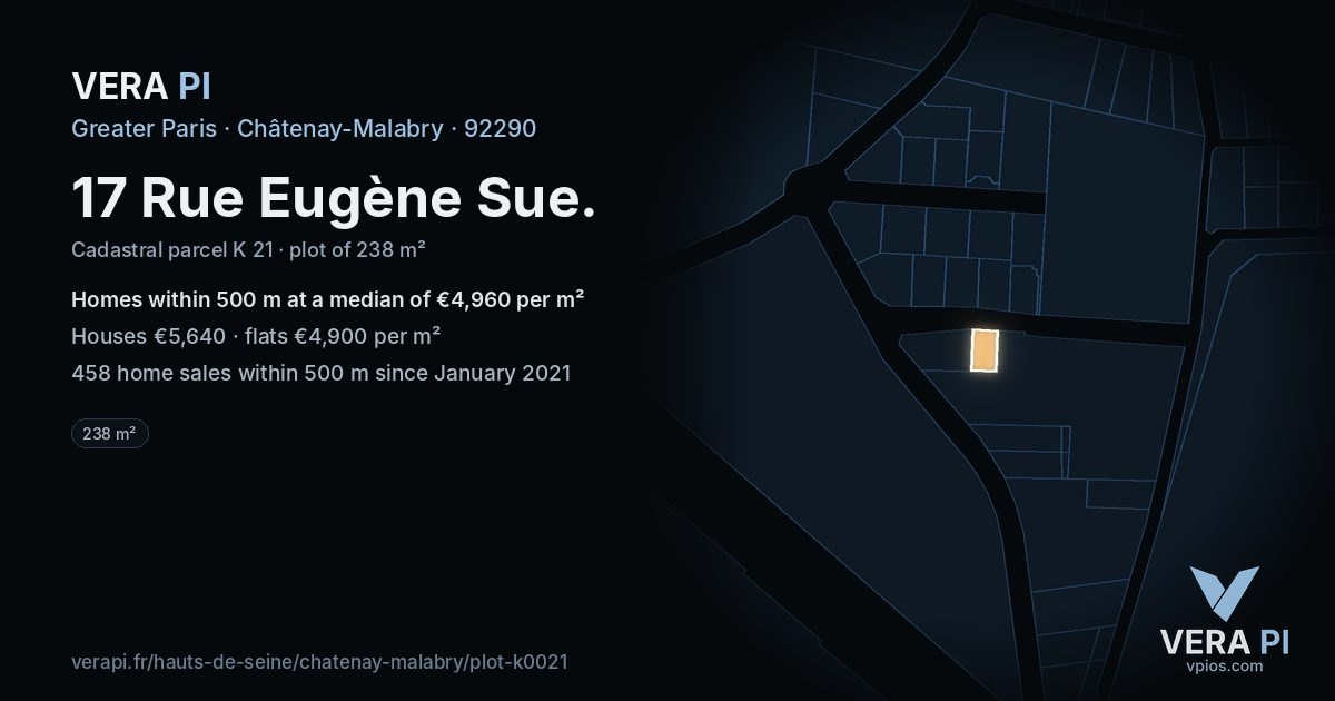 17 Rue Eugène Sue, Châtenay-Malabry at night – the plot lit, the parcels around coloured by the prices near them